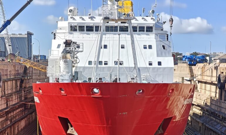 The ice class r/v "Noosfera" is undergoing scheduled maintenance before the new Antarctic season